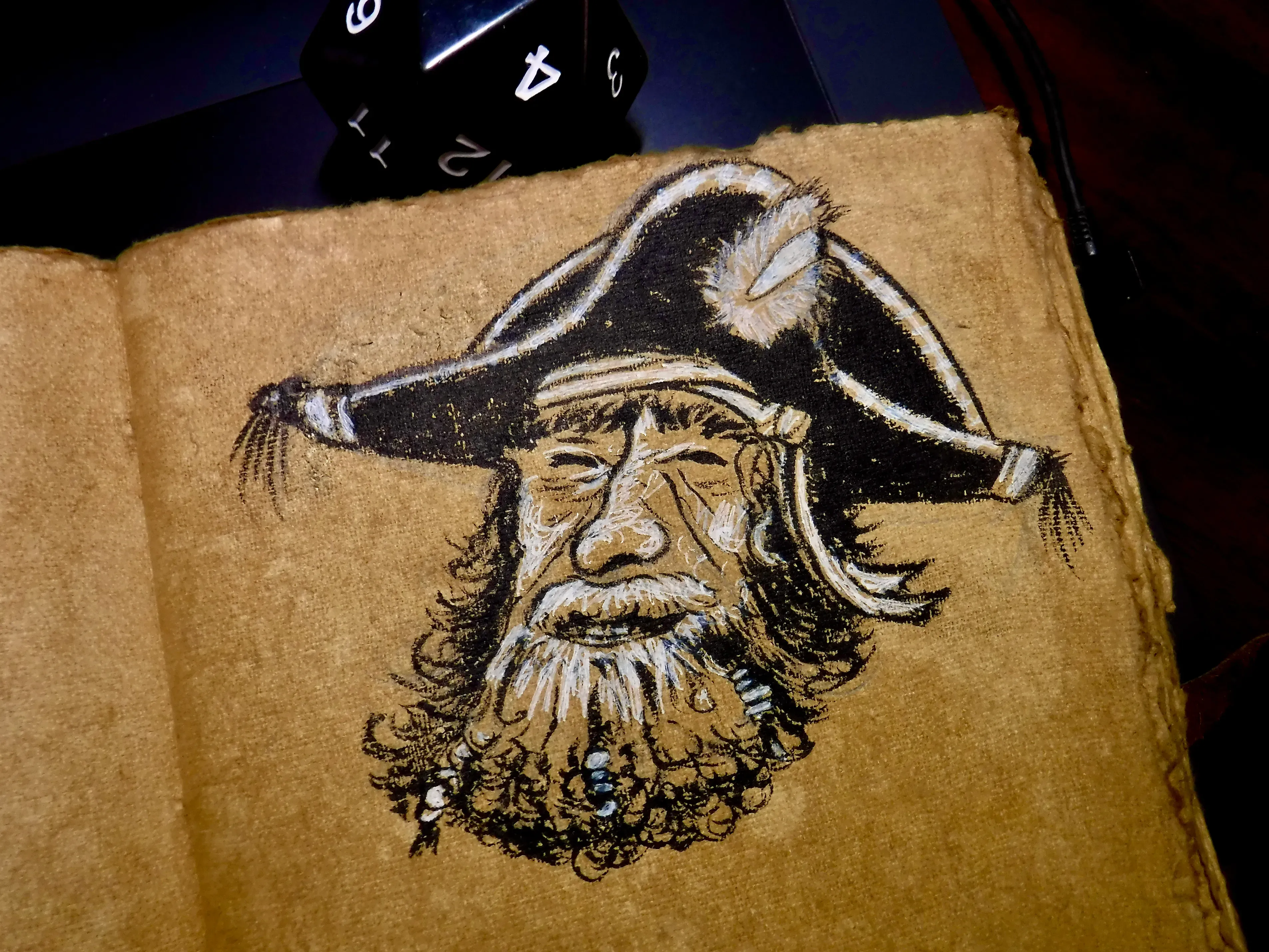 Ink and watercolor character sketch of a weathered pirate on warm brown paper