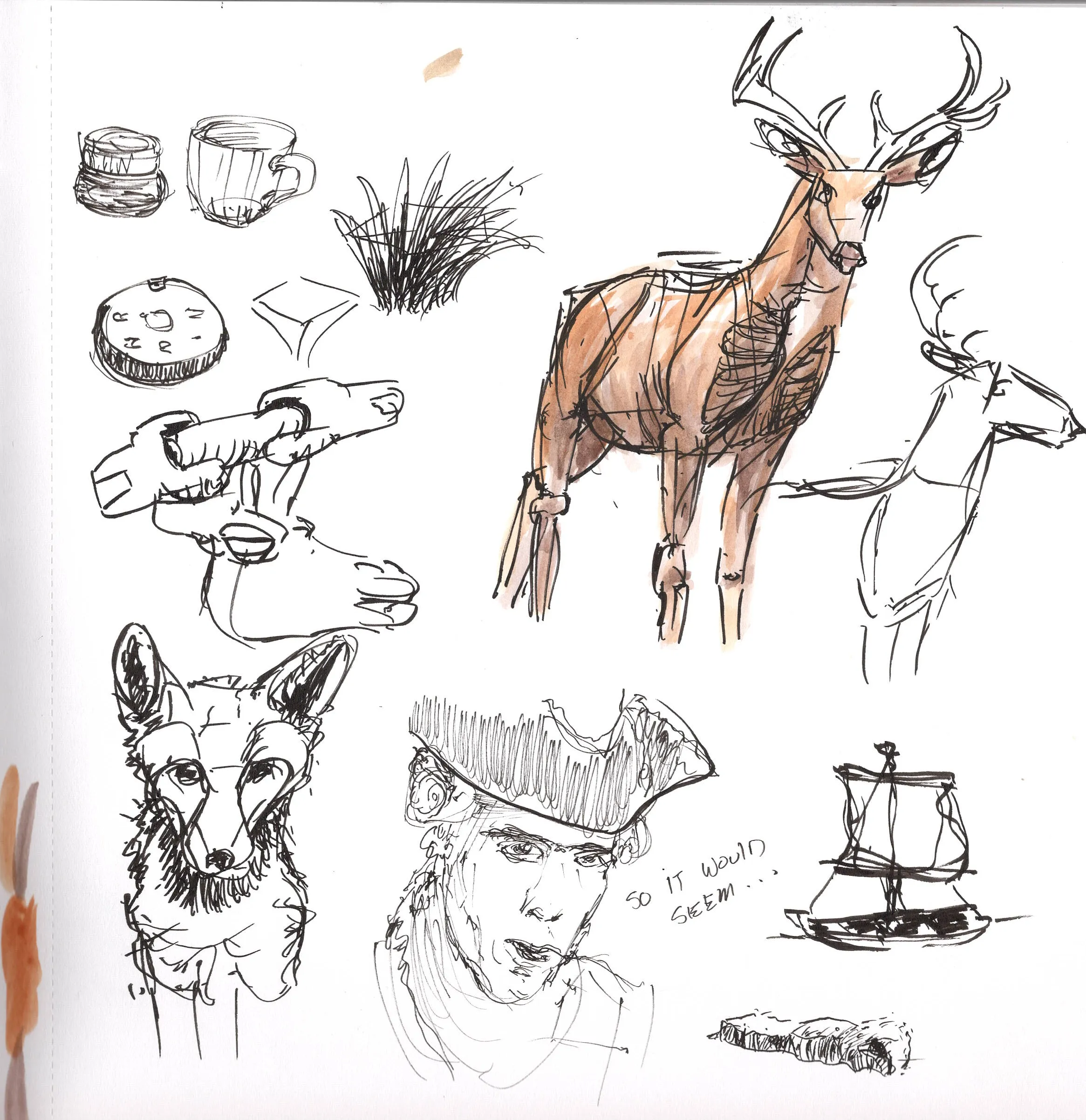 A sketchbook page filled with deer studies, small objects, a portrait, and a sailing ship