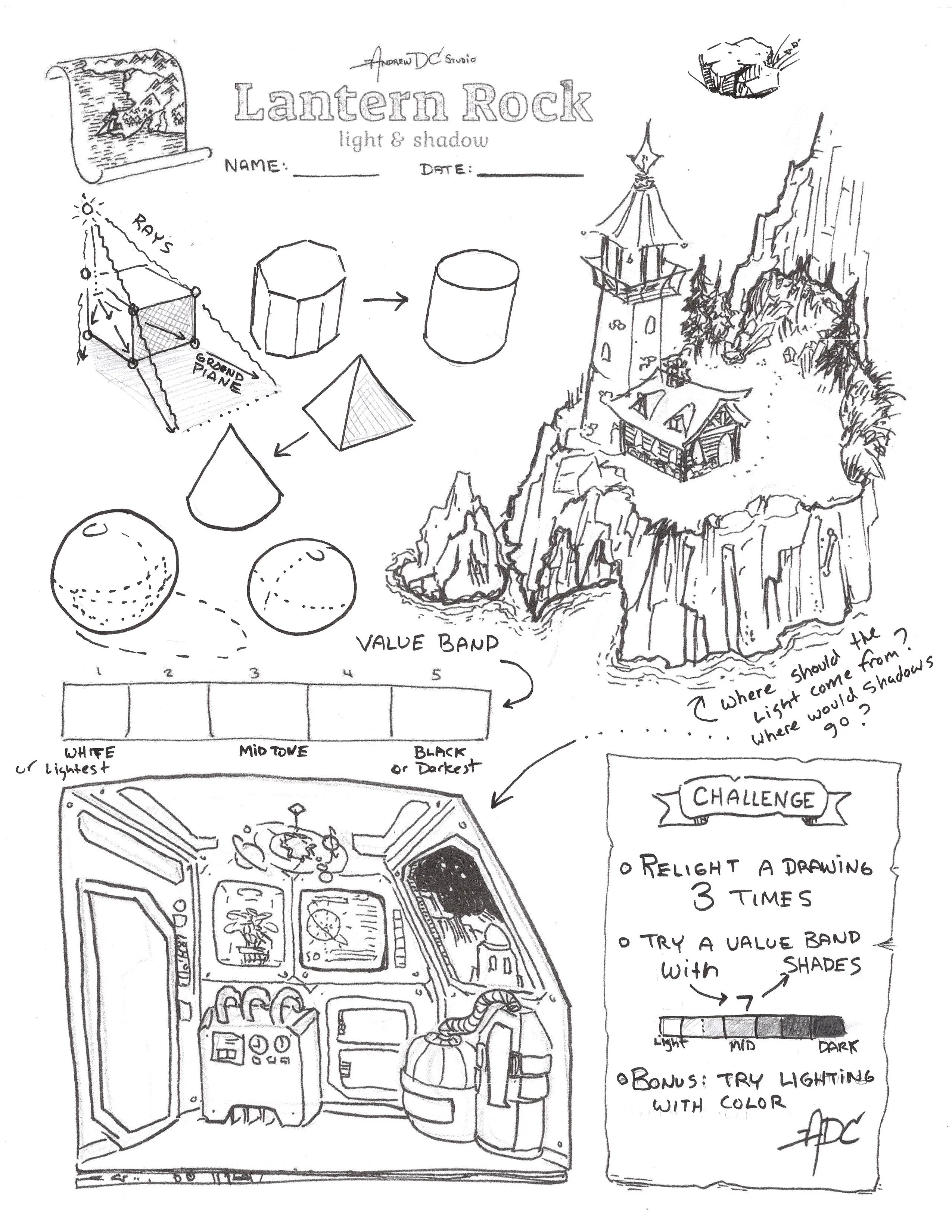 Lantern Rock class worksheet exploring simple forms, light, shadow, and value