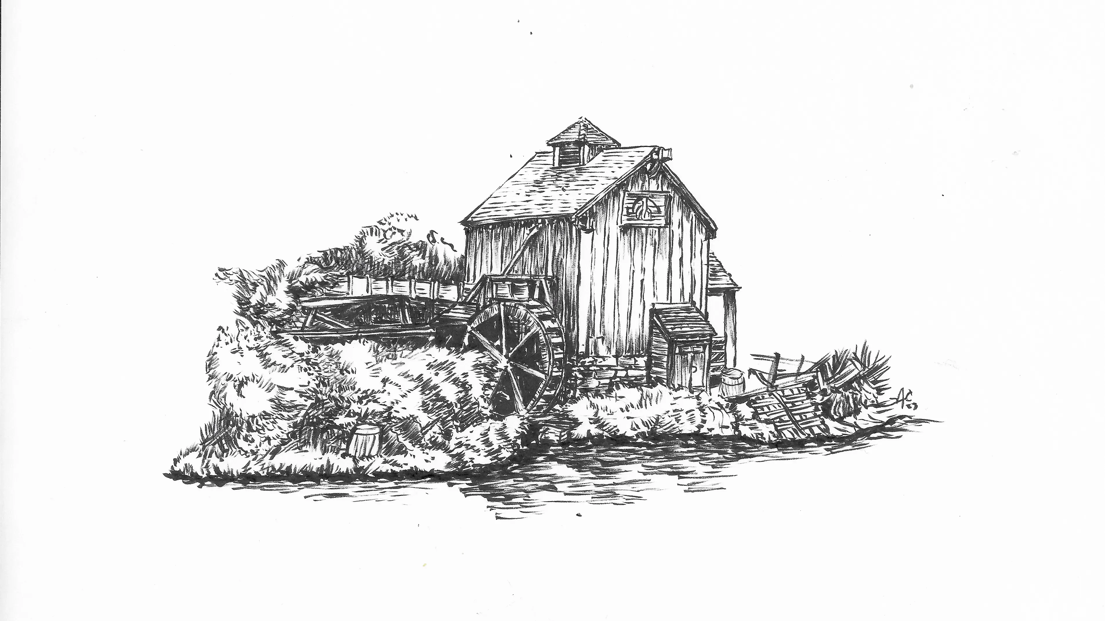Detailed black ink drawing of a rustic watermill surrounded by rocks and foliage